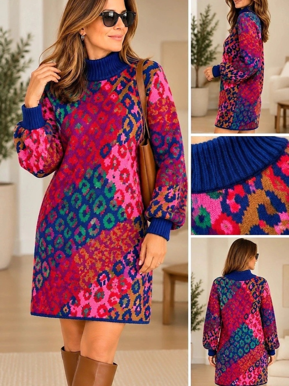 FARM Rio Mixed Leopards Sweater Dress Blue & Pink XS